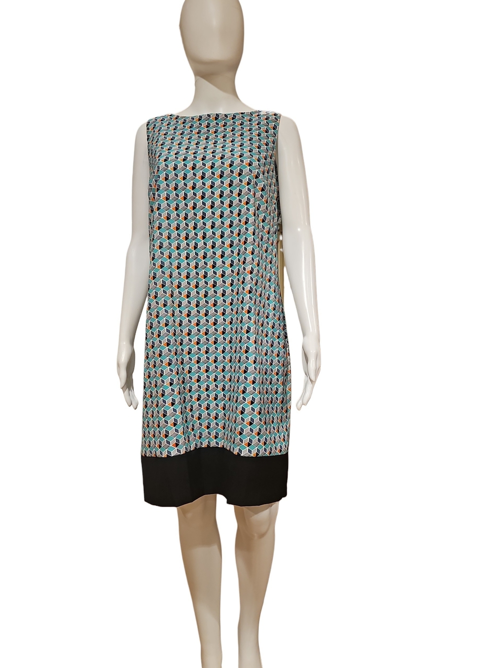 AGB Sleeveless Geometric Shift Dress in Teal, Black and Cream